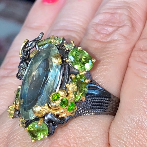 Intricate Genuine Green Amethyst Ring with Gems - Picture 16 of 17